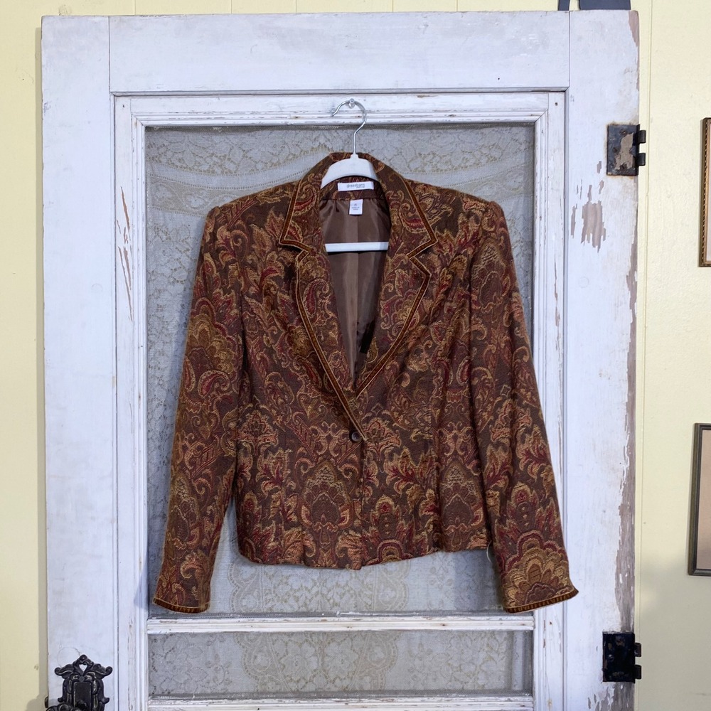 Dressbarn Petite Large Brown Red Paisley Tapestry Velvet Trim Blazer Jacket